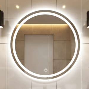 30 round mirror- Circular mirror hanging over a sink.