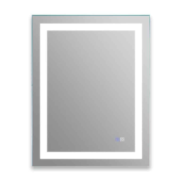 28x36 square mirror- Square mirror with a soft light illuminating its surface.